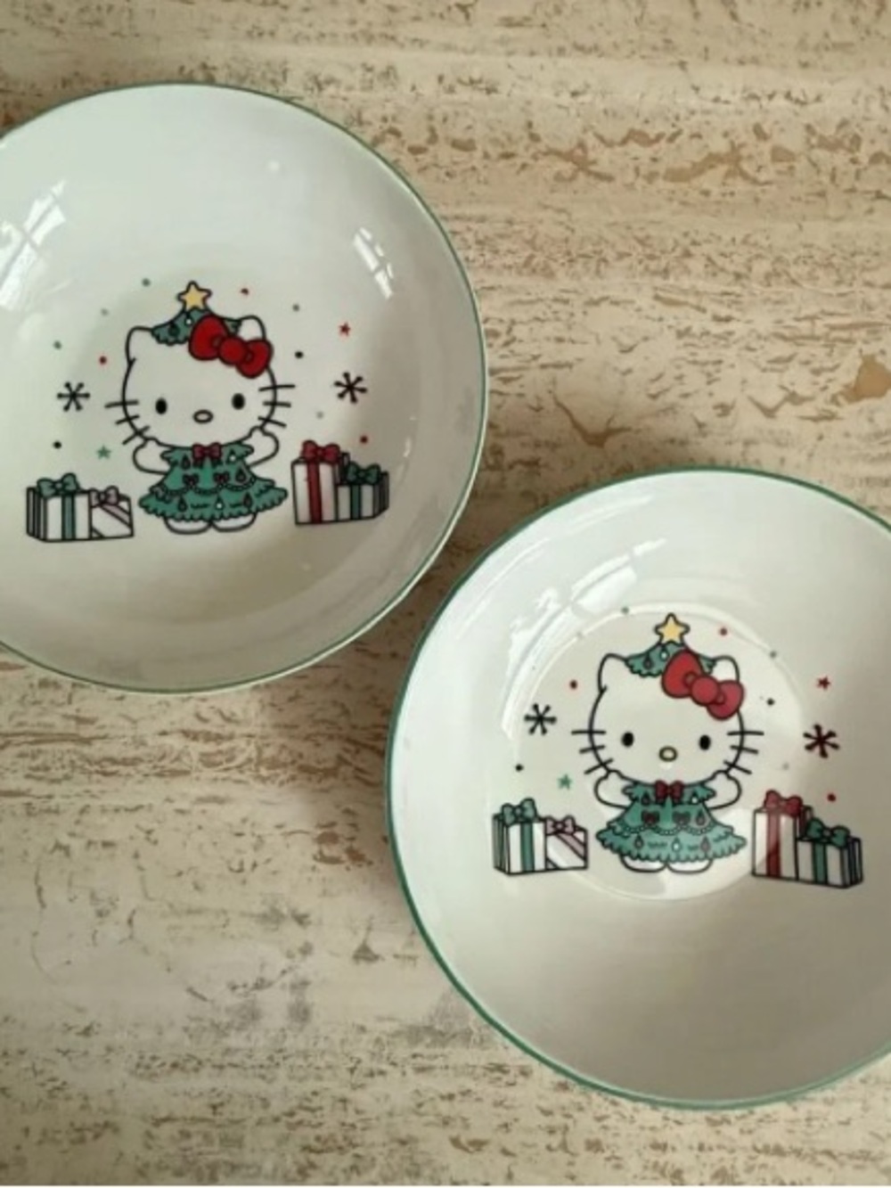 Hello Kitty Holiday Ceramic Bowls — White with Green Trim (Set of 2)